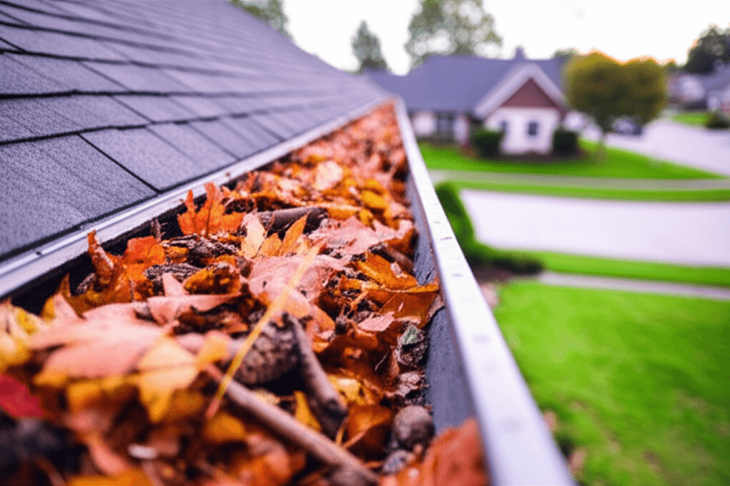 Clogged gutters with leaves