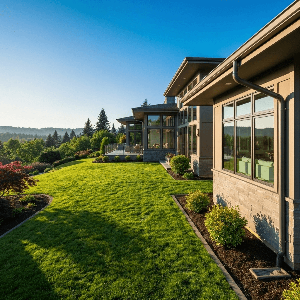Premium seamless gutter installation on luxury West Linn hillside home